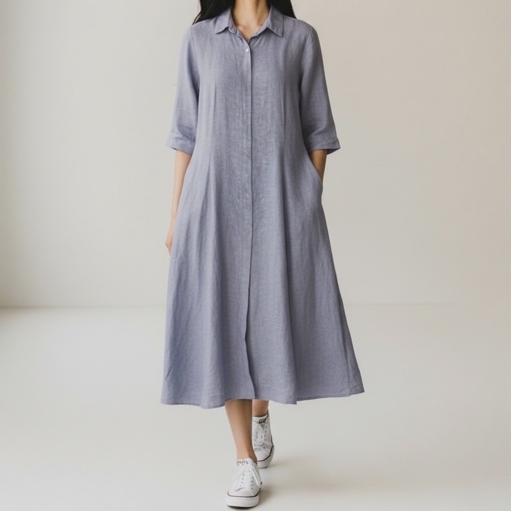 Joie Midi Shirt Dress Linen Blend A-Line Minimalist‎ Lagenlook Blue size Small